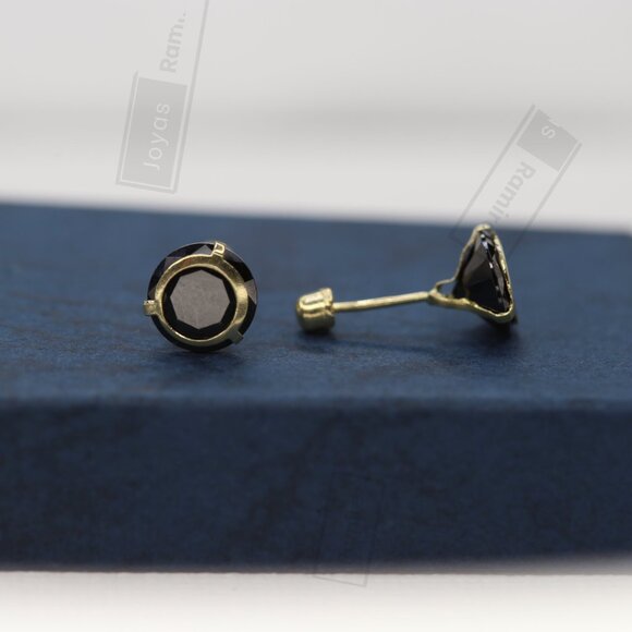 14K Solid Gold Round Stud Earrings With Black Zirconia • Fine Jewelry. - Picture 3 of 6